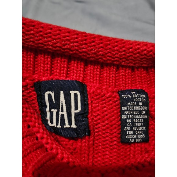 VTG 90s Gap Fisherman Cable Knit Cotton Roll Up Sweater Red Medium Made in UK - Picture 2 of 5